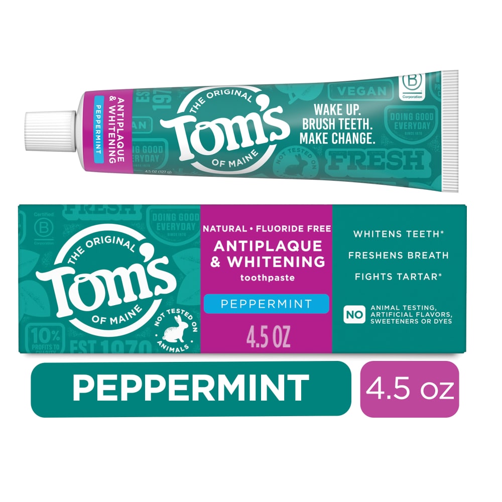 TOM'S:NATURAL FLUORIDE FREE ANTIPLAQUE & WHITENING TOOTHPASTE 4.5 OZ.